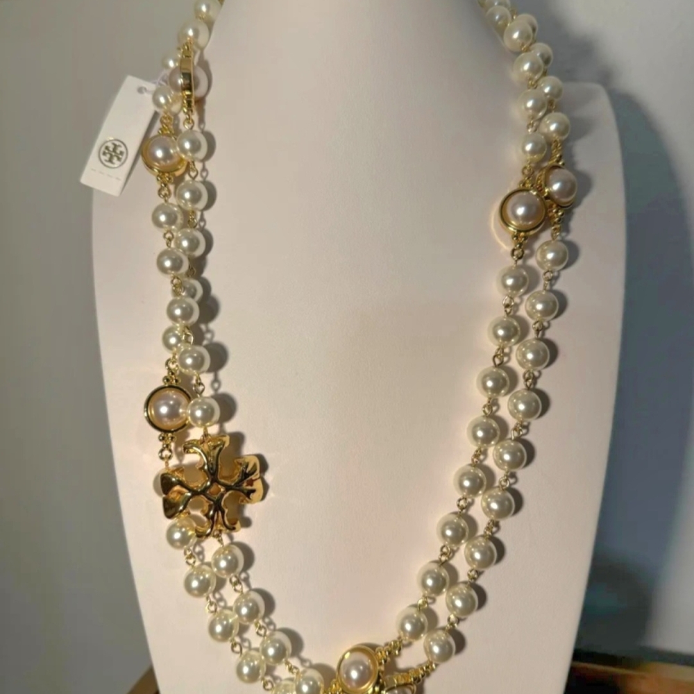 Tory Burch Gold and Pearl Double Strand Necklace